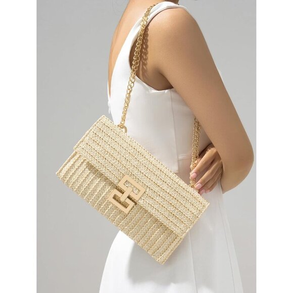 🆕Women White Straw Raffia Woven Beach Bag Clutch Crossbody Shoulder Purse - Picture 4 of 6